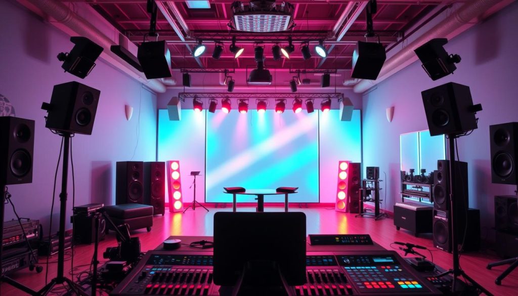 A well-lit fitness studio with a vibrant, energetic vibe. The foreground features an array of professional-grade audio equipment, including sleek speakers, microphones, and a high-quality mixing console. The middle ground showcases a state-of-the-art lighting setup, with adjustable spotlights and color-changing LED strips, creating a dynamic, pulsing atmosphere. In the background, a modern, minimalist decor with vibrant accents complements the high-tech equipment, resulting in a visually stunning and immersive fitness content creation space.