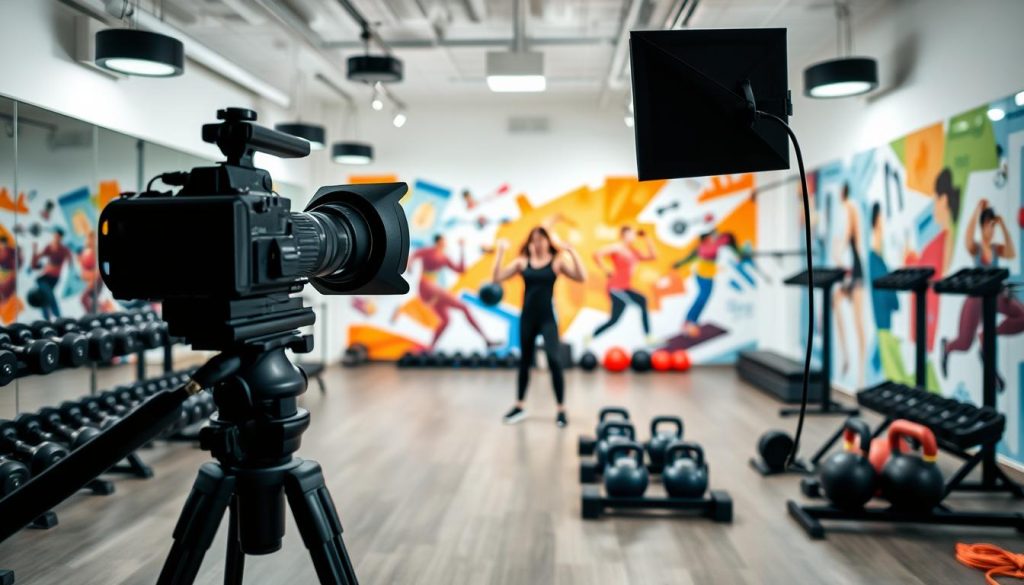 A well-lit, modern fitness studio with clean, minimalist decor. The foreground features a professional-grade camera setup on a sturdy tripod, capturing a fitness instructor demonstrating proper form during a weight-lifting exercise. Soft, diffused lighting from overhead softboxes casts an even glow across the scene. The middle ground showcases a selection of high-quality workout equipment, including dumbbells, kettlebells, and resistance bands, all neatly arranged. The background depicts a vibrant, colorful mural depicting dynamic fitness motifs, creating an energetic and inspirational atmosphere. The overall tone is one of safety, precision, and visual appeal, conveying the professionalism and care needed for safe, high-quality fitness content creation.