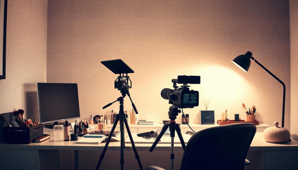 A well-lit, sophisticated home office with sleek, minimalist furnishings. A professional-grade camera and microphone setup take center stage, surrounded by meticulously arranged beauty products and accessories. The background features a neutral, high-quality textured wall, creating a polished, studio-like atmosphere. Indirect lighting casts a warm, flattering glow, accentuating the high-end, curated aesthetic. The overall scene conveys a sense of productivity, authority, and financial success in the world of beauty vlogging.