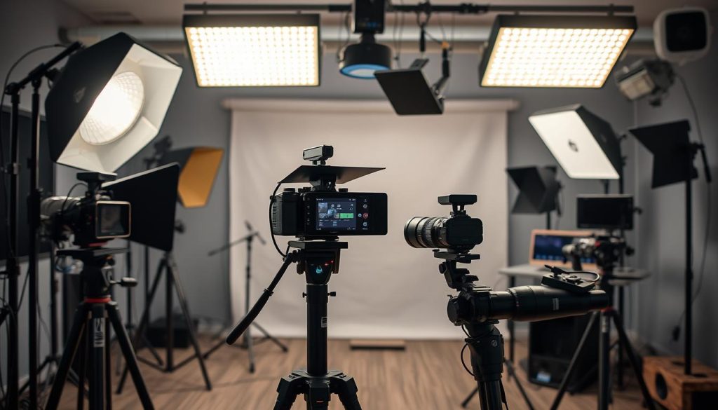 A well-organized and meticulously maintained studio equipment setup, featuring modern lighting fixtures, professional-grade cameras, and high-quality audio gear. The scene exudes an atmosphere of meticulous care and attention to detail, with each item precisely positioned to create a harmonious, visually appealing workspace. The lighting is balanced, with a mix of soft, diffused illumination and strategic accent lights that highlight the key components. The camera is placed at an optimal angle, capturing the setup in a clean, professional manner. The overall mood is one of efficiency, organization, and a dedication to creating high-quality content.