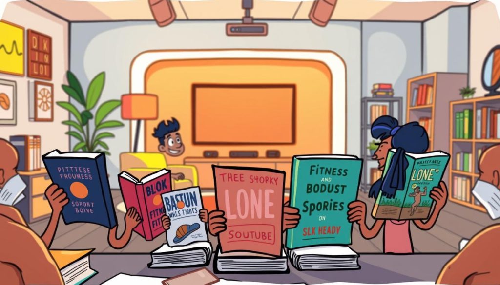 A whimsical book presentation scene with a vibrant, hand-drawn aesthetic. In the foreground, a group of animated characters enthusiastically showcase various book covers, gesturing excitedly and engaging the viewer. The middle ground features a cozy, stylized YouTube studio setup, with a large display screen, modern furniture, and a bookshelf in the background. The lighting is warm and inviting, creating a sense of energy and creativity. The overall mood is playful, dynamic, and aimed at capturing the attention of a young, active audience interested in fitness and sports-related literature.