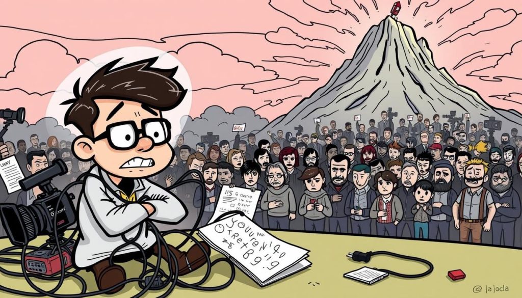 A whimsical cartoon scene depicting the challenges and obstacles in launching a YouTube channel. In the foreground, a quirky, bespectacled YouTuber grapples with a tangle of tangled cords, camera equipment, and a jumble of ideas scribbled on notepads. In the middle ground, a crowd of skeptical, frowning figures represent the doubters and naysayers, while in the background, a towering mountain of technical hurdles, social media algorithms, and fierce competition loom. The overall mood is one of determination and perseverance, with the YouTuber navigating these obstacles with a mix of creativity, resourcefulness, and a touch of humor.