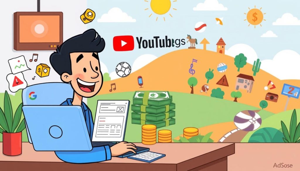 A whimsical cartoon scene depicting the process of earning revenue from a YouTube channel through AdSense services. In the foreground, a cheerful YouTuber character sits at a desk, happily reviewing their AdSense dashboard on a laptop. Surrounding them, playful cartoon icons and graphics represent the various AdSense features and earnings tracking tools. In the middle ground, a stylized stack of dollar bills and coins symbolizes the YouTuber's growing AdSense income. The background showcases a vibrant, colorful landscape with playful, non-sports-related hobbies and interests, such as music, art, and technology, alluding to the article's focus on diversifying beyond traditional sports-related content. The overall mood is bright, lighthearted, and encouraging, reflecting the excitement and potential of monetizing a non-sports-focused YouTube channel. A whimsical cartoon scene depicting the process of earning revenue from a YouTube channel through AdSense services. In the foreground, a cheerful YouTuber character sits at a desk, happily reviewing their AdSense dashboard on a laptop. Surrounding them, playful cartoon icons and graphics represent the various AdSense features and earnings tracking tools. In the middle ground, a stylized stack of dollar bills and coins symbolizes the YouTuber's growing AdSense income. The background showcases a vibrant, colorful landscape with playful, non-sports-related hobbies and interests, such as music, art, and technology, alluding to the article's focus on diversifying beyond traditional sports-related content. The overall mood is bright, lighthearted, and encouraging, reflecting the excitement and potential of monetizing a non-sports-focused YouTube channel.
