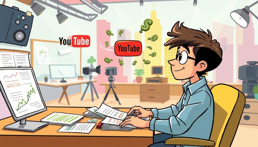 A whimsical, cartoon-style illustration depicting the process of analyzing and critiquing YouTube revenue streams. In the foreground, a YouTuber character sits at a desk, surrounded by charts, graphs, and financial documents. Their expression is one of focused contemplation as they examine the data. In the middle ground, a metaphorical character representing "YouTube income" hovers, with dollar signs and monetary symbols orbiting around them. The background features a colorful, stylized cityscape, with creative studio spaces and production equipment visible, hinting at the broader context of the YouTuber's work. The lighting is bright and cheerful, conveying a sense of optimism and problem-solving. The overall tone is lighthearted and accessible, making complex financial concepts feel approachable and engaging.