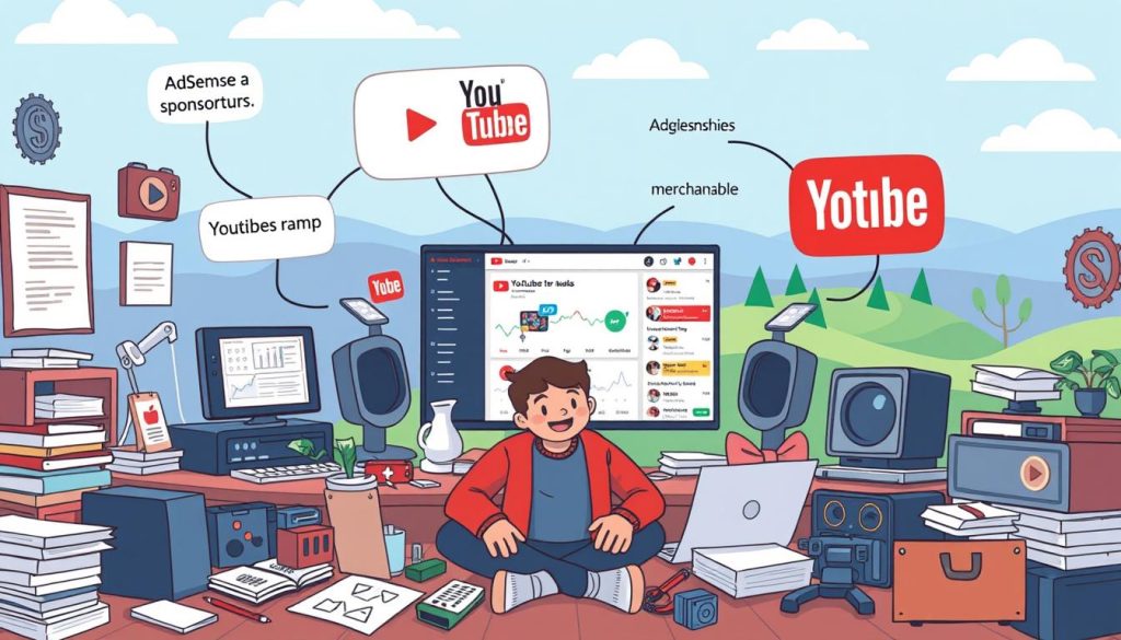 A whimsical, cartoon-style illustration depicting the various income streams and monetization strategies for a successful YouTube channel. In the foreground, a cheerful YouTuber sits amidst a cluttered but organized workspace, surrounded by visual representations of AdSense revenue, sponsorships, merchandise sales, and other monetization methods. The middle ground showcases a stylized YouTube interface, with analytics and earnings data displayed prominently. The background features a vibrant, colorful landscape, hinting at the growth and expansion potential of the YouTuber's brand. The overall scene conveys a sense of creativity, entrepreneurship, and the financial rewards of building a thriving online content creation business.