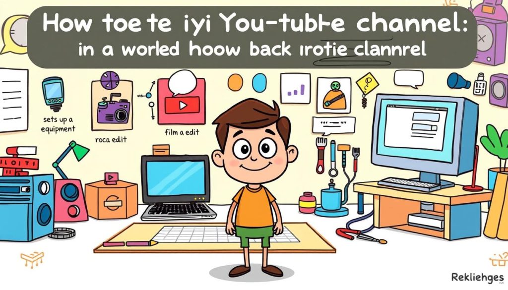 A whimsical, cartoon-style illustration of the initial steps in creating a YouTube channel for laptop and computer repair. A friendly, curious-looking character stands in the foreground, surrounded by a vibrant array of icons and graphics representing the key stages - ideation, setting up equipment, filming, editing, and uploading content. The background features a playful, stylized computer workspace with colorful devices, tools, and a desktop computer screen. The scene conveys an approachable, lighthearted tone, inviting the viewer to imagine the process of building a successful DIY repair YouTube channel. A whimsical, cartoon-style illustration of the initial steps in creating a YouTube channel for laptop and computer repair. A friendly, curious-looking character stands in the foreground, surrounded by a vibrant array of icons and graphics representing the key stages - ideation, setting up equipment, filming, editing, and uploading content. The background features a playful, stylized computer workspace with colorful devices, tools, and a desktop computer screen. The scene conveys an approachable, lighthearted tone, inviting the viewer to imagine the process of building a successful DIY repair YouTube channel.