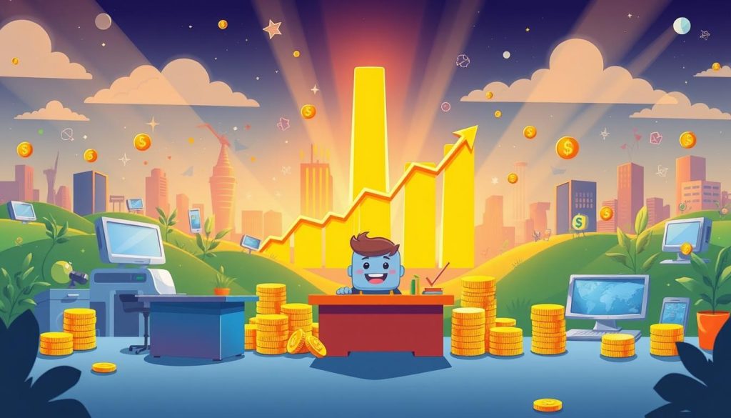 A whimsical, cartoon-style scene depicting the lucrative world of AdSense monetization. In the foreground, a cheerful character sits at a colorful desk, surrounded by stacks of gold coins and virtual dollar signs. The middle ground features a towering graph displaying steady growth, while the background showcases a vibrant, technology-inspired landscape with stylized computers, smartphones, and other digital devices. The lighting is warm and inviting, creating a sense of prosperity and opportunity. The overall mood is one of celebration and financial success, perfectly capturing the "Conditions for Earning Revenue and AdSense Services" theme. A whimsical, cartoon-style scene depicting the lucrative world of AdSense monetization. In the foreground, a cheerful character sits at a colorful desk, surrounded by stacks of gold coins and virtual dollar signs. The middle ground features a towering graph displaying steady growth, while the background showcases a vibrant, technology-inspired landscape with stylized computers, smartphones, and other digital devices. The lighting is warm and inviting, creating a sense of prosperity and opportunity. The overall mood is one of celebration and financial success, perfectly capturing the "Conditions for Earning Revenue and AdSense Services" theme.