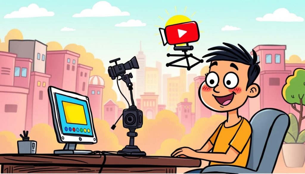 A whimsical, hand-drawn illustration of a budding YouTuber launching their channel. In the foreground, a cheerful, big-eyed character sits at a desk, surrounded by colorful icons and a glowing computer screen. In the middle ground, an array of video production equipment - a camera, microphone, and lighting - float in a vibrant, stylized space. The background depicts a lively, cartoon-like cityscape, with buildings, trees, and a bright, sun-dappled sky. The overall mood is one of excitement, creativity, and unbridled potential, capturing the spirit of starting a new YouTube venture to share one's passion for cultural heritage and traditions.
