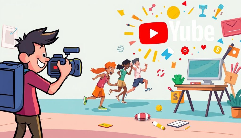 A whimsical scene depicting the key requirements for successful YouTube content creation in the sports and creativity niche. In the foreground, a cheerful character with a video camera films a group of animated athletes engaged in dynamic, playful activities. In the middle ground, a vibrant palette of artistic tools and equipment - paintbrushes, sketchpads, and a computer - signify the creative aspect. The background features a stylized YouTube logo and an array of colorful, dynamic icons representing the essential elements of revenue generation, such as subscribers, views, and monetization. The overall tone is lighthearted and engaging, capturing the spirit of the "YouTube Creativity in Sports" article section. A whimsical scene depicting the key requirements for successful YouTube content creation in the sports and creativity niche. In the foreground, a cheerful character with a video camera films a group of animated athletes engaged in dynamic, playful activities. In the middle ground, a vibrant palette of artistic tools and equipment - paintbrushes, sketchpads, and a computer - signify the creative aspect. The background features a stylized YouTube logo and an array of colorful, dynamic icons representing the essential elements of revenue generation, such as subscribers, views, and monetization. The overall tone is lighthearted and engaging, capturing the spirit of the "YouTube Creativity in Sports" article section.
