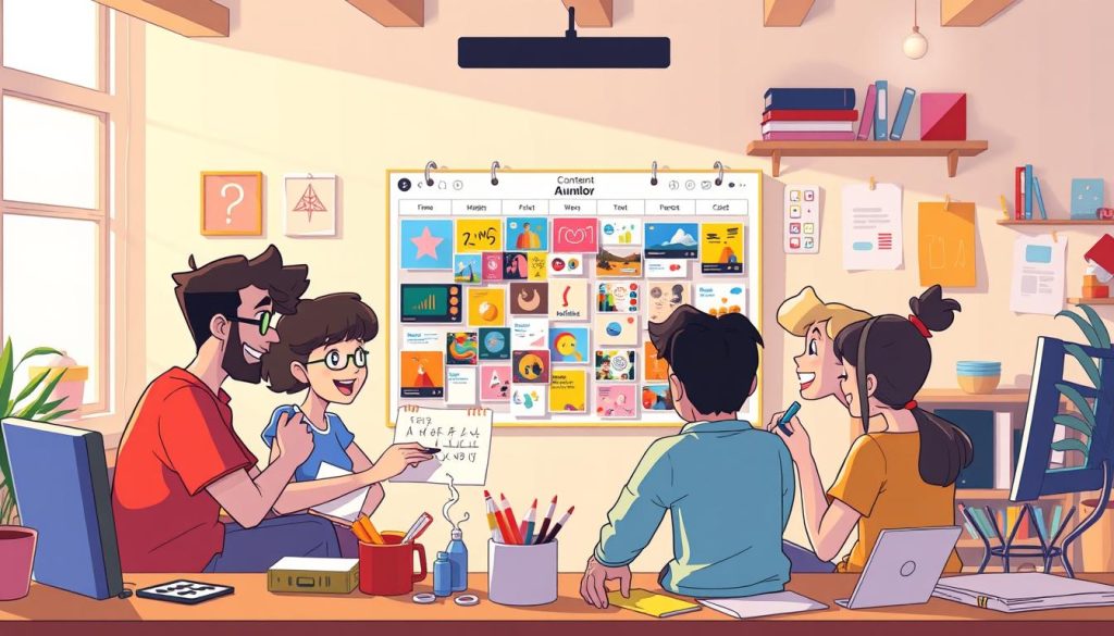 A whimsical scene of content planning, where a group of animated characters gather around a colorful, tactile calendar, strategizing their upcoming video releases. The foreground features a team of diverse, expressive individuals, each contributing ideas and sketching out concepts. In the middle ground, a vibrant mood board showcases various multimedia elements - from vibrant stock imagery to quirky illustrations. The background is a minimalist, cozy workspace, filled with pops of color and office supplies, evoking a sense of creativity and organization. Soft, diffused lighting casts a warm glow, setting an atmosphere of collaborative brainstorming and structured productivity. A whimsical scene of content planning, where a group of animated characters gather around a colorful, tactile calendar, strategizing their upcoming video releases. The foreground features a team of diverse, expressive individuals, each contributing ideas and sketching out concepts. In the middle ground, a vibrant mood board showcases various multimedia elements - from vibrant stock imagery to quirky illustrations. The background is a minimalist, cozy workspace, filled with pops of color and office supplies, evoking a sense of creativity and organization. Soft, diffused lighting casts a warm glow, setting an atmosphere of collaborative brainstorming and structured productivity.