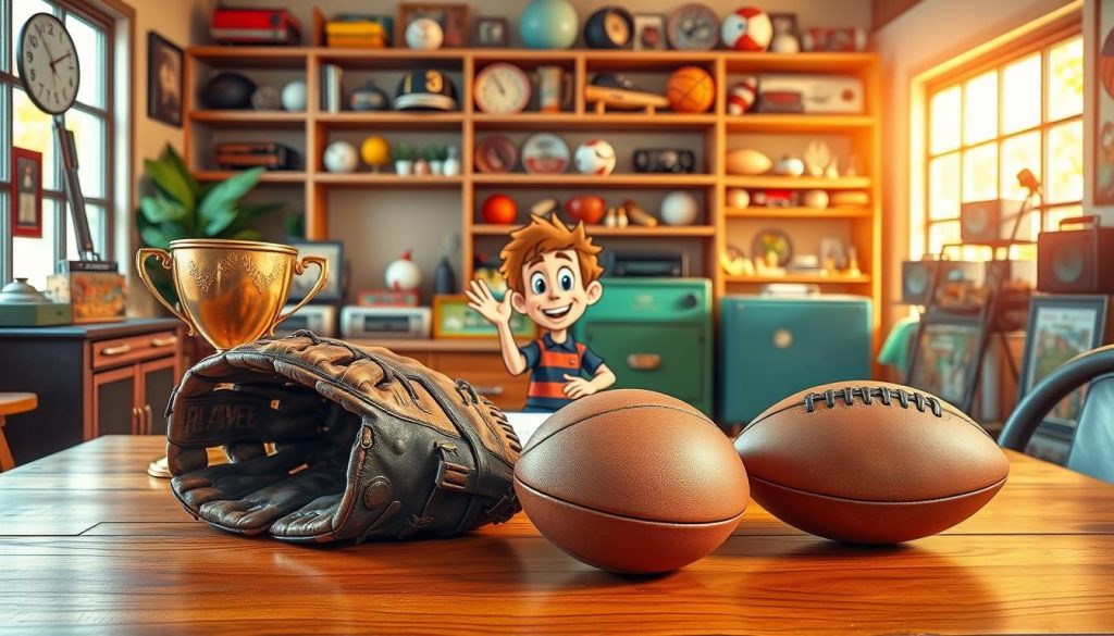 A whimsical, vibrant scene depicting a content strategy for a YouTube channel showcasing vintage sports memorabilia. In the foreground, a colorful array of retro sports equipment - a well-worn baseball glove, a tarnished trophy, a battered football - arranged artfully on a polished wooden table. The middle ground features a character, drawn in a playful cartoon style, gesturing animatedly as they plan out a content calendar. In the background, a warm, sunlit studio space with shelves displaying an eclectic collection of vintage sporting goods. The overall mood is one of nostalgia, creativity, and a playful approach to content strategy.