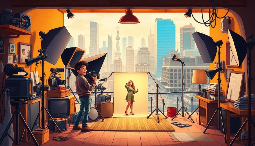 A whimsical, vibrant scene of a photography studio nestled in a cozy niche. In the foreground, a quirky photographer captures a playful model amid a backdrop of vintage cameras, softboxes, and reflectors. The middle ground features an eclectic array of photographic props and accessories, hinting at the studio's unique personality. In the background, a lively cityscape with skyscrapers and bustling streets sets the stage for the creative atmosphere. The lighting is warm and inviting, casting a cozy glow over the entire composition. The overall mood is one of creativity, innovation, and a touch of quirkiness, perfectly capturing the essence of a photography studio carving out its niche.