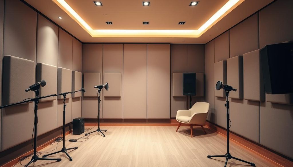 An acoustically optimized recording studio with a sleek, modern design. The room features sound-absorbing panels on the walls, high-quality microphones on sturdy stands, and a comfortable seating area for the recording artist. Soft, diffused lighting creates a warm, inviting atmosphere, while the overall layout is designed to minimize echoes and maximize sound quality. The studio's clean, minimalist aesthetic is complemented by touches of natural wood and strategically placed sound-dampening materials, creating a professional yet welcoming environment for high-quality audio production.