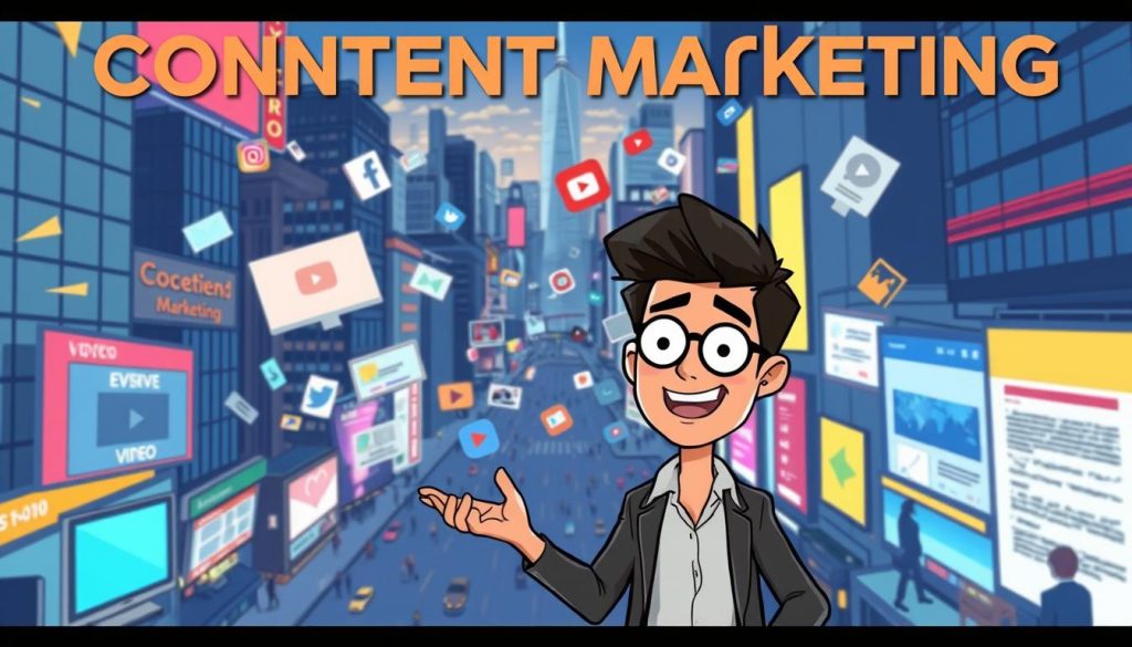 An animated scene depicting content marketing, with a young professional standing in a vibrant city, surrounded by various media channels and digital devices. The foreground features the person gesticulating excitedly, conveying the dynamic nature of content promotion. The middle ground showcases a range of content formats, including video, social media posts, and blog articles, all swirling around the central figure. The background depicts a bustling urban landscape, with skyscrapers, neon signs, and a hint of a nighttime skyline, creating a sense of energy and momentum. The overall mood is one of creativity, innovation, and the excitement of effectively marketing video content.