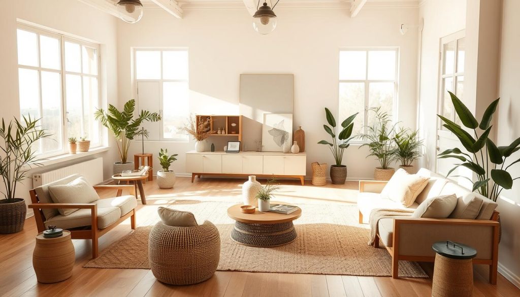 An elegant and inviting lifestyle studio design with a warm, natural aesthetic. A spacious, airy room bathed in soft, diffused natural light filtering through large windows. Minimalist yet cozy furnishings in earthy tones and natural materials like wood and linen create a serene, relaxing ambiance. A mix of modern and vintage elements adds visual interest, while potted plants and organic textures bring a touch of nature indoors. Clean lines, balanced composition, and a harmonious color palette evoke a sense of tranquility and inspiration - the perfect setting for an engaging lifestyle-focused YouTube content.