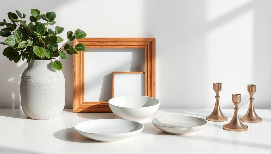 An elegant arrangement of modern home decor items, including a sleek concrete vase with lush greenery, a minimalist wooden picture frame, a smooth ceramic dish, and a set of simple metal candlesticks. The items are meticulously placed on a clean, white surface, with soft, natural lighting highlighting their textures and forms. The overall composition exudes a sense of balance, simplicity, and refined sophistication, perfectly suited for a contemporary living space.
