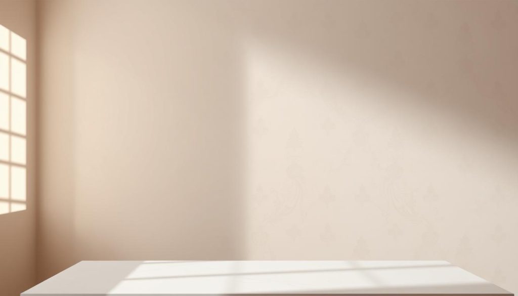 An elegant, well-lit professional makeup studio backdrop with a soft, muted color palette. Gentle side lighting illuminates a beautifully textured wall with subtle patterns and a hint of metallic accents, creating a sophisticated, polished ambiance. The foreground features a clean, minimalist table or surface, providing a perfect stage for makeup products and tools. The overall composition strikes a balance between simplicity and visual interest, evoking a high-end, magazine-worthy aesthetic suitable for professional makeup tutorial videos.