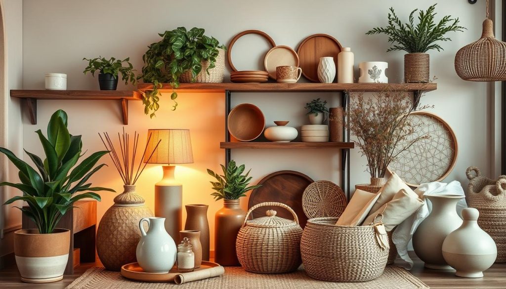 An elegantly styled shopping list for home décor, capturing the essence of a curated, inviting lifestyle. Vibrant yet minimalist, the scene showcases an array of thoughtfully selected items - from rustic wooden shelves and potted plants to sleek ceramic vases and natural fiber baskets. Warm, diffused lighting accentuates the textures and colors, creating a serene, aspirational atmosphere. The composition is balanced, with the items arranged in a visually pleasing layout that draws the eye through the frame. An inspirational snapshot, capturing the spirit of the "Friendly and Inspiring Lifestyle YouTube Décor" article's décor section.