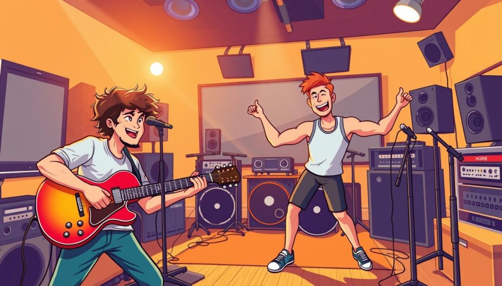 An engaging and lively cartoon illustration of "attractive content" for a music playlist YouTube channel. Vibrant colors and dynamic character poses capture the energy and excitement of creating captivating videos. A musician strumming a guitar in the foreground, with a cheerful fitness trainer leading a workout in the middle ground, all set against a backdrop of a modern recording studio with various audio equipment. Lighting is warm and natural, with a slight lens flare to heighten the sense of movement. The overall mood is upbeat, inspirational, and visually compelling, reflecting the creativity and passion required to craft compelling content for a sports-themed music playlist channel. An engaging and lively cartoon illustration of "attractive content" for a music playlist YouTube channel. Vibrant colors and dynamic character poses capture the energy and excitement of creating captivating videos. A musician strumming a guitar in the foreground, with a cheerful fitness trainer leading a workout in the middle ground, all set against a backdrop of a modern recording studio with various audio equipment. Lighting is warm and natural, with a slight lens flare to heighten the sense of movement. The overall mood is upbeat, inspirational, and visually compelling, reflecting the creativity and passion required to craft compelling content for a sports-themed music playlist channel.