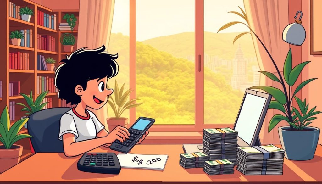 An idyllic YouTube income calculation scene featuring a cartoon laptop, calculator, and stacks of cash. The foreground showcases a character diligently crunching numbers, surrounded by a cozy home office with bookshelves and potted plants. The middle ground reveals a window overlooking a lush, verdant landscape, bathed in warm, golden sunlight. The background subtly hints at a bustling city skyline, suggesting the broader success and prosperity the character's YouTube earnings could bring. The overall mood is one of calm focus, financial security, and the fulfillment of an entrepreneurial dream. An idyllic YouTube income calculation scene featuring a cartoon laptop, calculator, and stacks of cash. The foreground showcases a character diligently crunching numbers, surrounded by a cozy home office with bookshelves and potted plants. The middle ground reveals a window overlooking a lush, verdant landscape, bathed in warm, golden sunlight. The background subtly hints at a bustling city skyline, suggesting the broader success and prosperity the character's YouTube earnings could bring. The overall mood is one of calm focus, financial security, and the fulfillment of an entrepreneurial dream.