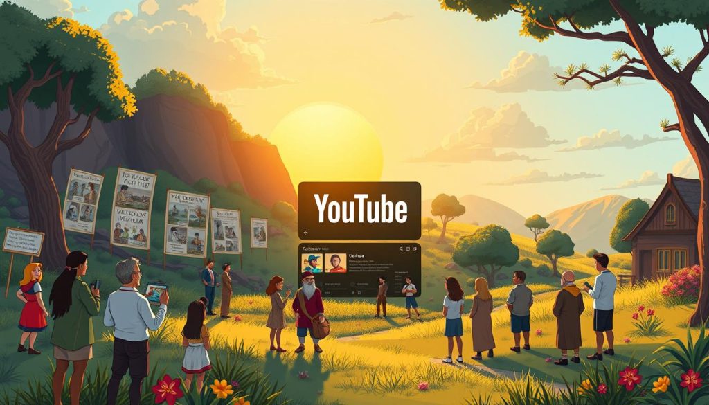 An idyllic and serene landscape featuring a vibrant, animated YouTube channel. In the foreground, a group of diverse characters - historians, storytellers, and viewers - engage in lively discussions, surrounded by detailed illustrations of historical events and captivating narratives. The middle ground showcases a flourishing YouTube channel, its logo and branding elements seamlessly integrated into the scene. In the background, a warm, golden-hued sunset casts a gentle glow, highlighting the channel's growth and the sustainable, long-term development of its content. The overall mood is one of creativity, collaboration, and a shared passion for exploring and preserving history through engaging visual stories. An idyllic and serene landscape featuring a vibrant, animated YouTube channel. In the foreground, a group of diverse characters - historians, storytellers, and viewers - engage in lively discussions, surrounded by detailed illustrations of historical events and captivating narratives. The middle ground showcases a flourishing YouTube channel, its logo and branding elements seamlessly integrated into the scene. In the background, a warm, golden-hued sunset casts a gentle glow, highlighting the channel's growth and the sustainable, long-term development of its content. The overall mood is one of creativity, collaboration, and a shared passion for exploring and preserving history through engaging visual stories.