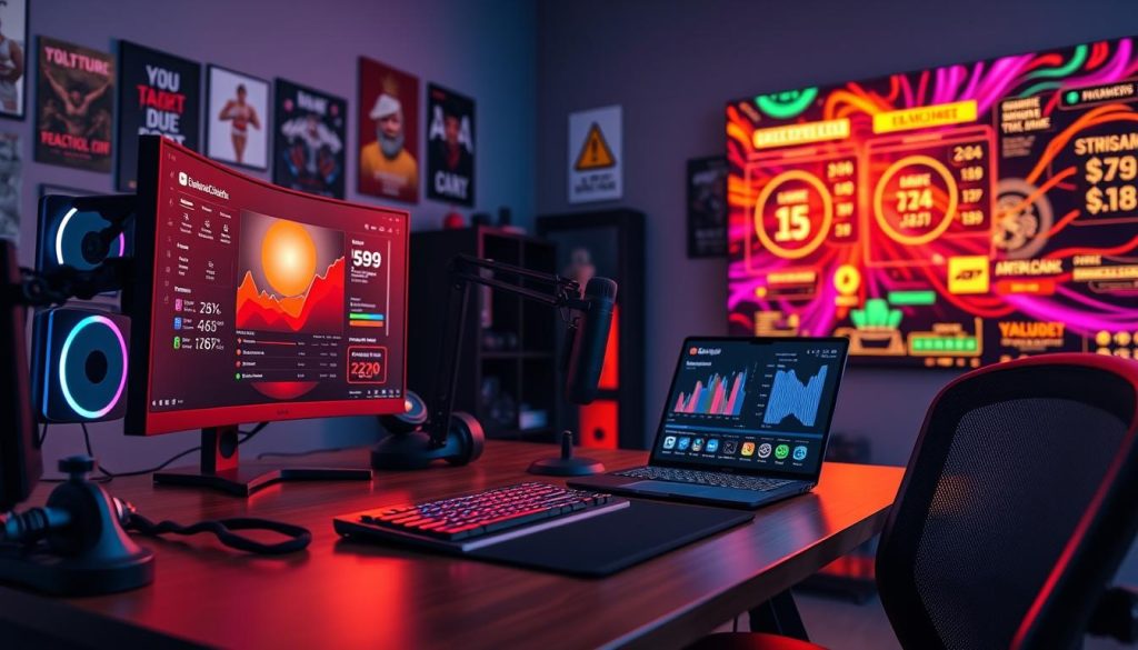 An interior scene showcasing a YouTuber's workspace. The foreground features a sleek, ergonomic desk with a high-end gaming PC setup, complete with a large monitor, RGB-backlit keyboard, and a professional-grade microphone. On the desk, an open laptop displays analytics and revenue data, symbolizing the analysis of YouTube income. The middle ground contains various fitness equipment, such as a resistance band and a small set of dumbbells, hinting at the content creator's niche. The background depicts vibrant, colorful wall decor, including motivational posters and a large, dynamic display showcasing the YouTuber's performance metrics. Warm, directional lighting illuminates the scene, creating a professional and energetic atmosphere.