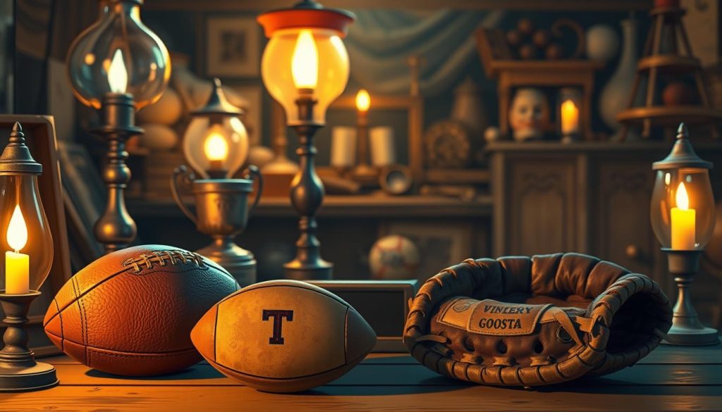 An intimate and cozy lighting setup, with a soft, warm glow illuminating a collection of vintage sports equipment and nostalgic memorabilia. The foreground features a well-worn leather football, a tarnished trophy, and a dusty old baseball mitt, artfully arranged on a wooden surface. In the middle ground, a mix of antique lamps and candles cast a gentle, flickering light, creating a sense of timelessness. The background is a softly blurred, sepia-toned scene, suggesting a forgotten attic or storage space, evoking a feeling of discovered treasures from the past. The overall mood is one of reverence and appreciation for the enduring spirit of the analog age.