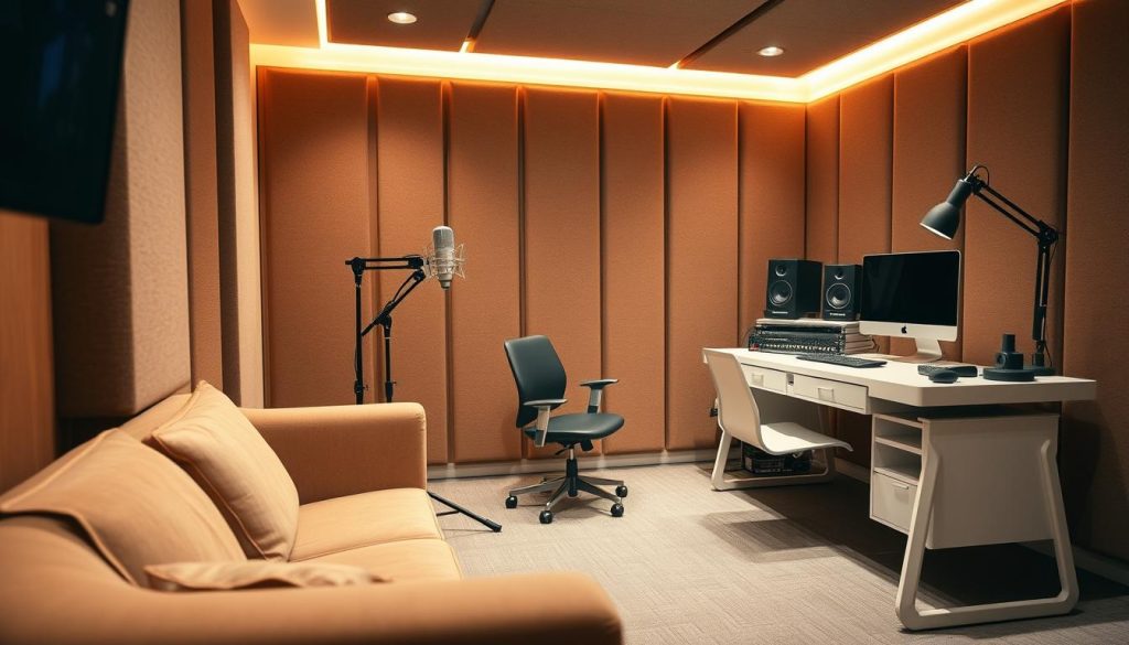 An intimate, cozy home recording studio with acoustic panels lining the walls, creating a warm, sound-dampened atmosphere. Plush, comfortable seating in the foreground, a high-quality microphone on a sleek stand, and professional audio equipment tastefully arranged on a modern, minimalist desk. Soft, diffused lighting illuminates the scene, casting a natural, inviting glow. The overall design exudes a sense of professionalism and passion for content creation, perfect for a podcast studio setup.