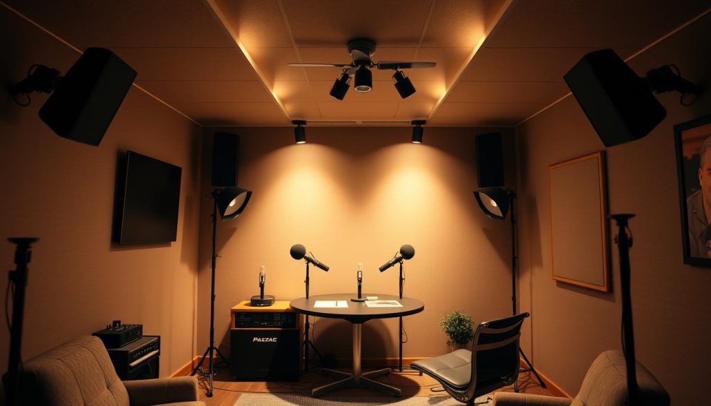 An intimate, professionally designed podcast studio with thoughtful lighting. A cozy, warm atmosphere with soft, diffused illumination from overhead and accent fixtures. The room features neutral, earthy tones and natural materials that create a welcoming, focused ambiance. Carefully positioned key and fill lights accentuate the subjects, while rim lighting along the walls and equipment adds depth and dimension. The lighting is cinematic yet understated, allowing the content and presenters to take center stage in this inviting, studio environment.