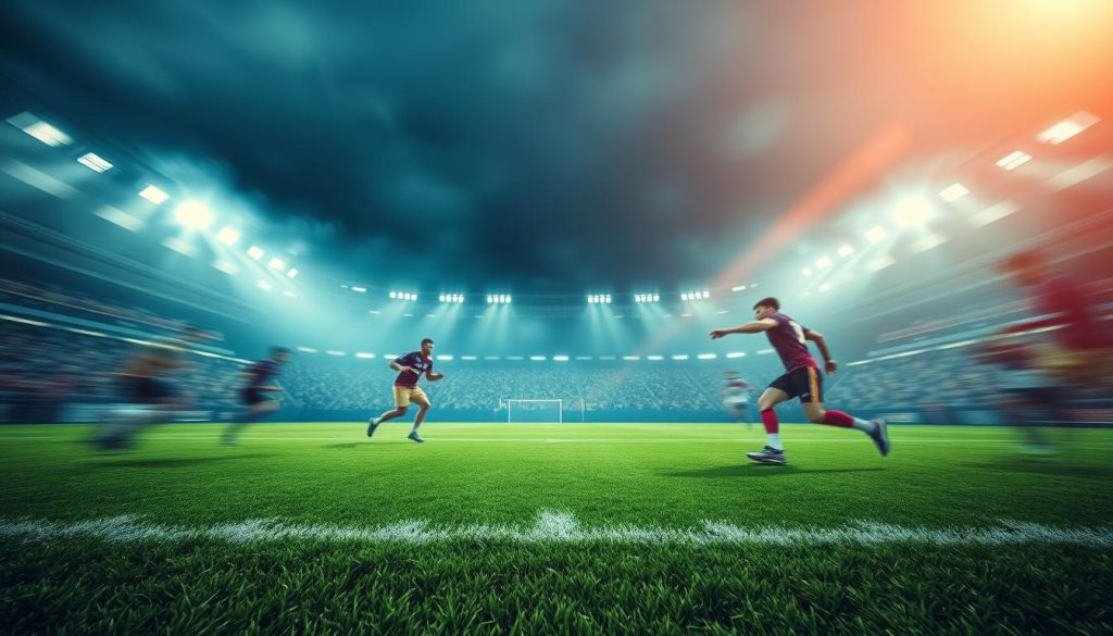 Cinematic football field backdrop with dynamic motion blur, moody lighting, and a vibrant green turf. Dramatic camera angles capture the energy and intensity of the game, with blurred players and a sense of movement. The scene has a professional esports or TV broadcast aesthetic, highlighting the high-octane nature of the sport. Subtle post-processing effects like lens flares and color grading create a polished, visually striking composition that complements the topic of a specialized football-themed YouTube setup.