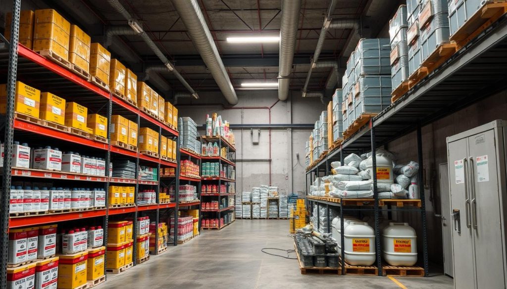 Detailed storage facility for explosive materials. A secure, well-lit warehouse with sturdy shelving and specialized hazardous material containers. Meticulously organized racks displaying a variety of labeled explosives and detonators. Reinforced concrete walls and floors, with appropriate ventilation and fire suppression systems. A serious, professional atmosphere conveying the critical importance of proper handling and storage protocols. The scene reflects the technical, regulated nature of commercial explosive management, in contrast to the dangers of amateur experimentation.